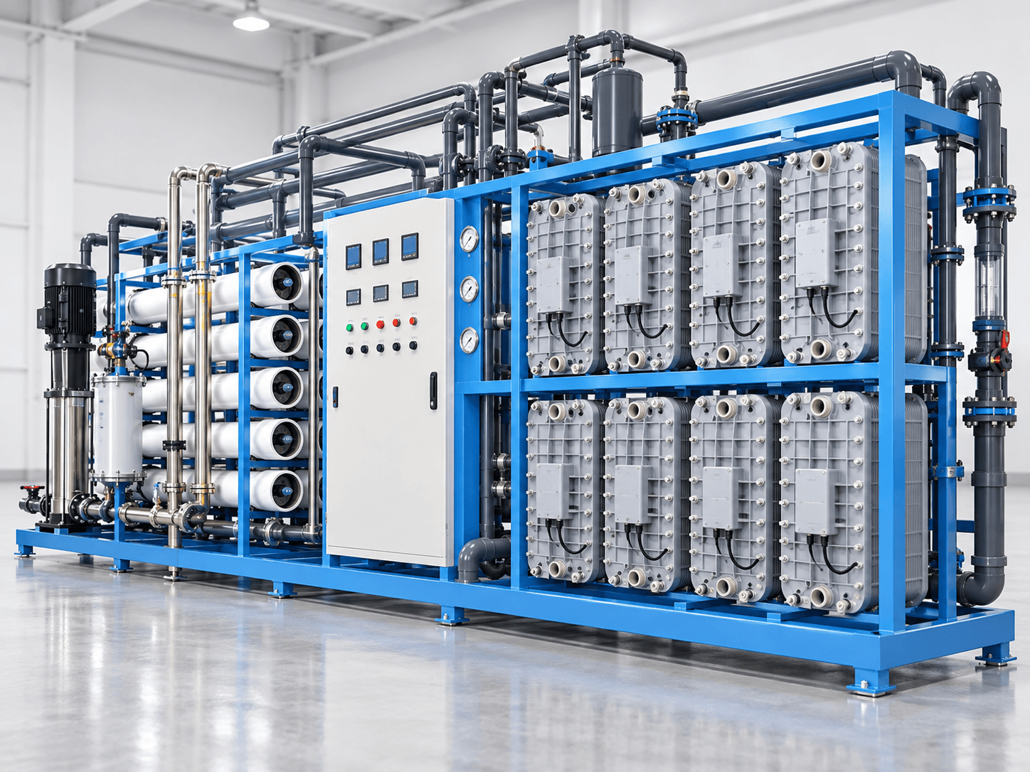 Industrial EDI water treatment system with EDI modules, process piping and control cabinet