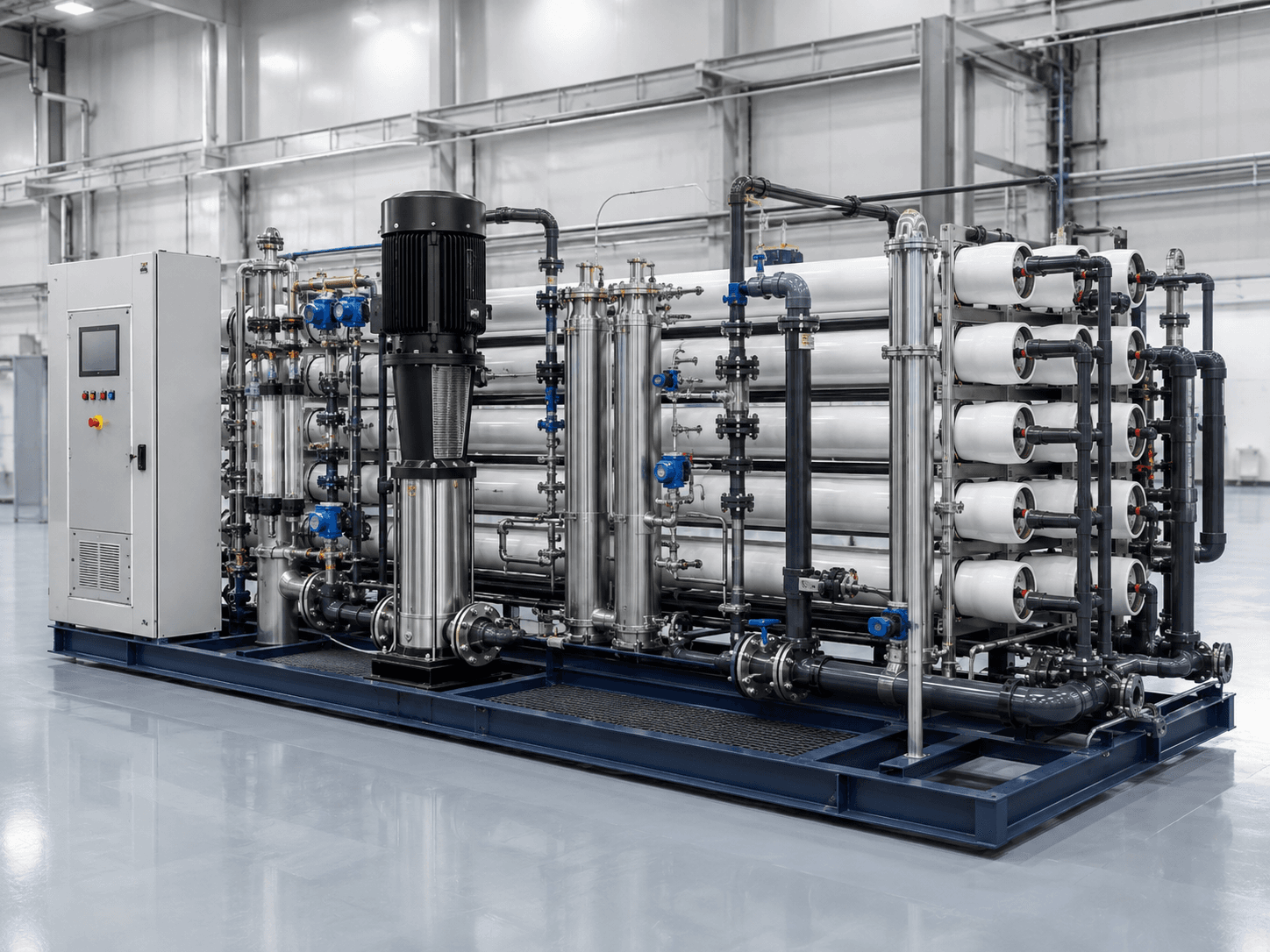 Industrial seawater reverse osmosis desalination system in a clean manufacturing facility