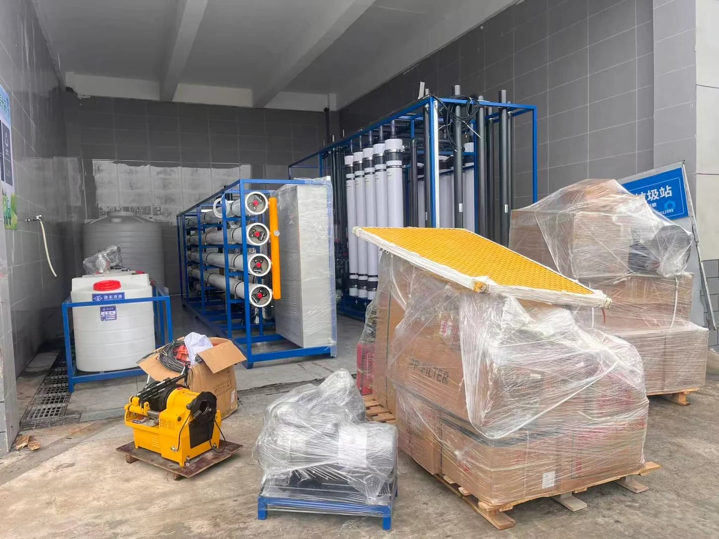 Factory-assembled membrane water-treatment system prepared for industrial installation