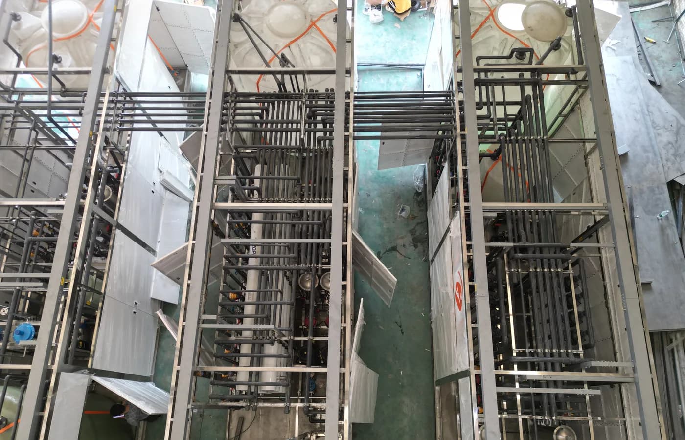 Industrial water-treatment piping and membrane equipment during factory assembly